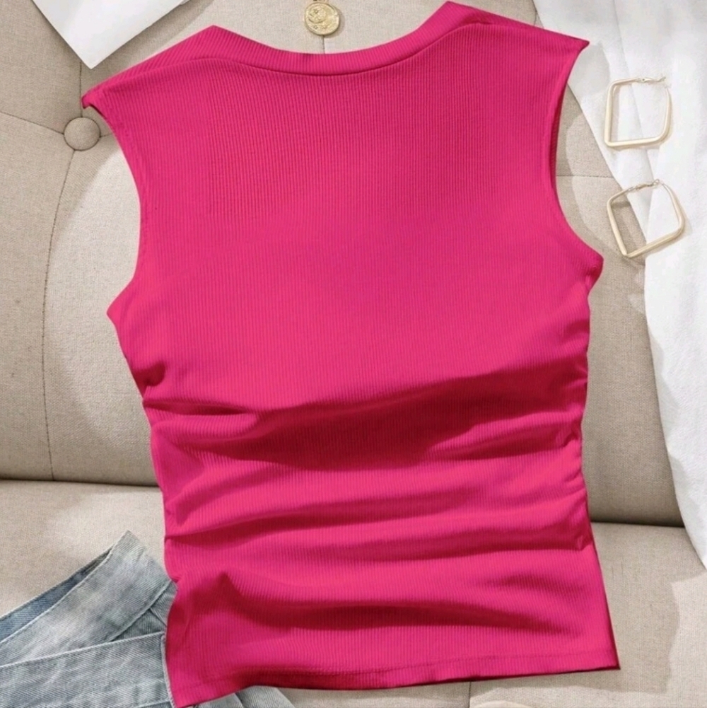Women Hot Pink Square Neck Fitted Ruched Cropped Tank Top Size XS Summer Spring - Picture 2 of 7